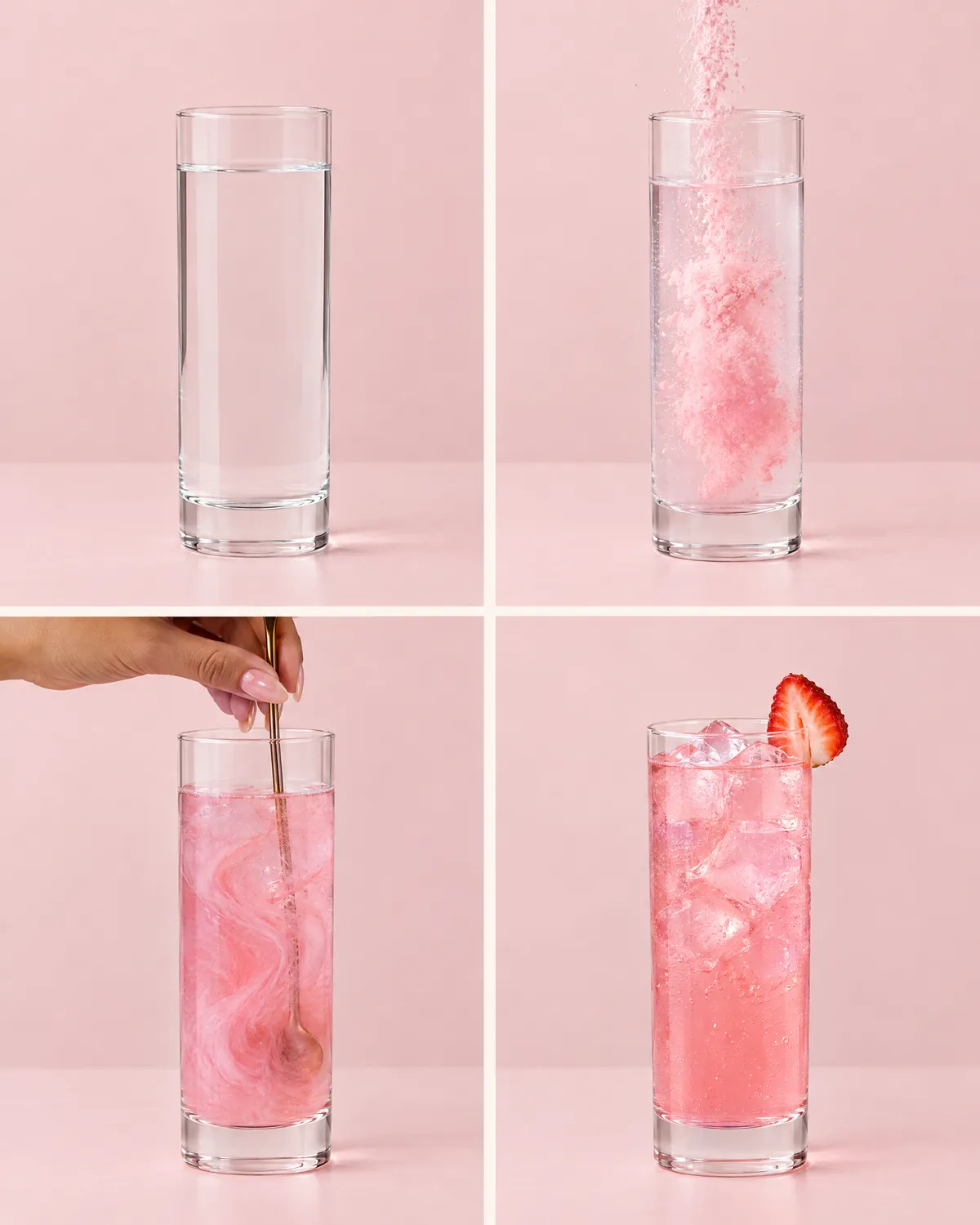 Four steps: a glass of water, pouring the pink powder, stirring, served over ice with a strawberry